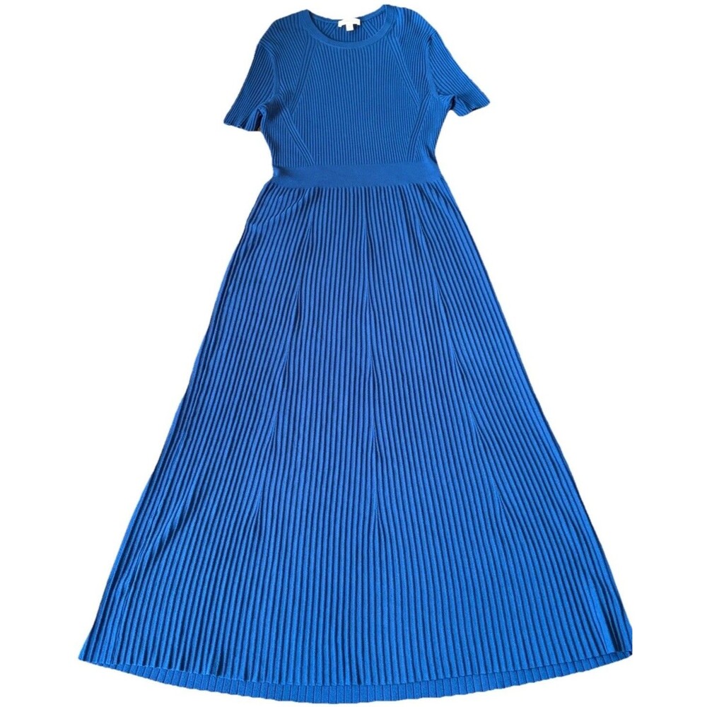 Ann Mashburn Blue Ribbed Knit Sweater Dress Large Fit Flare Designer Work Event - Picture 1 of 11